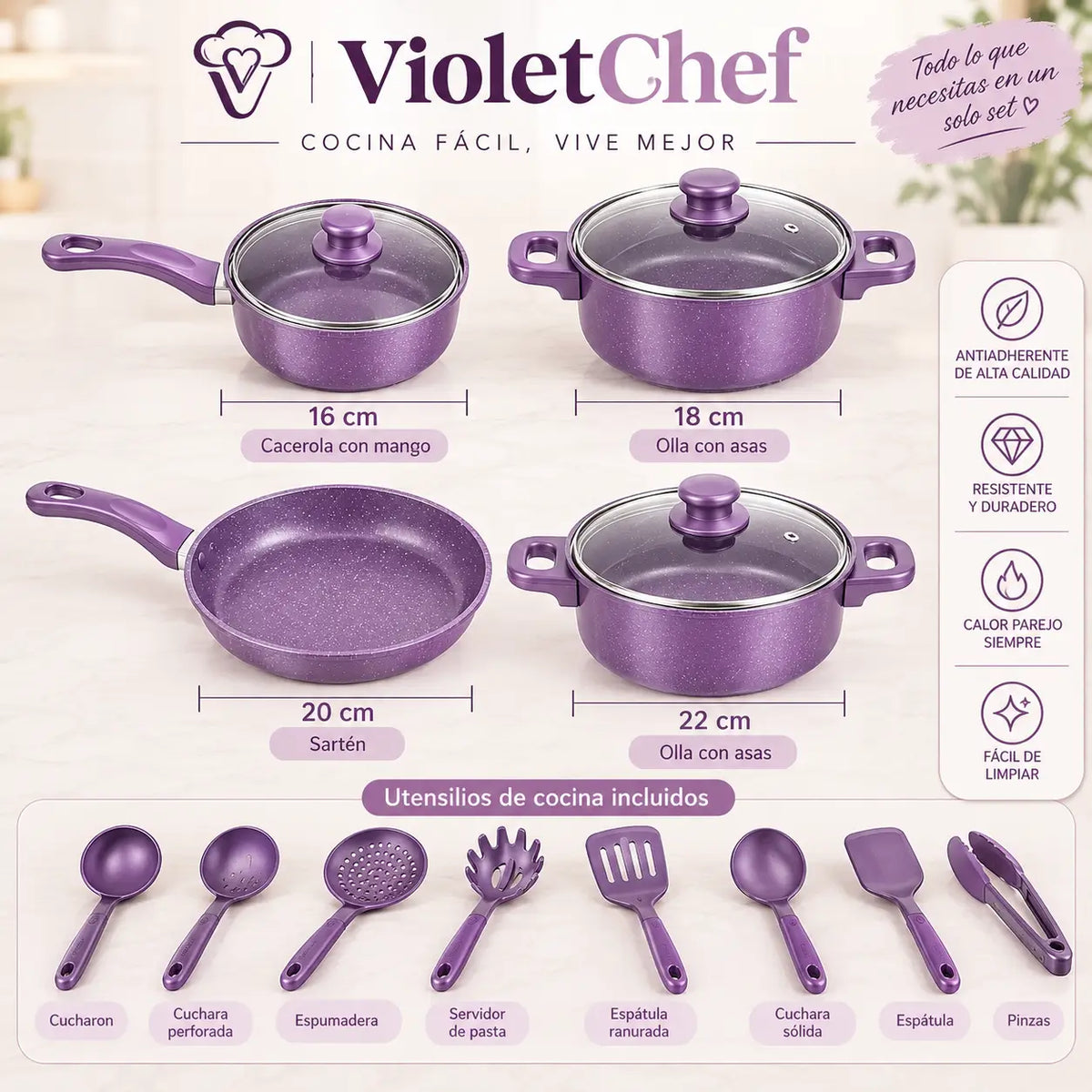 VioletChef - 13 piezas, Cocina sin pegar, limpia sin esfuerzo