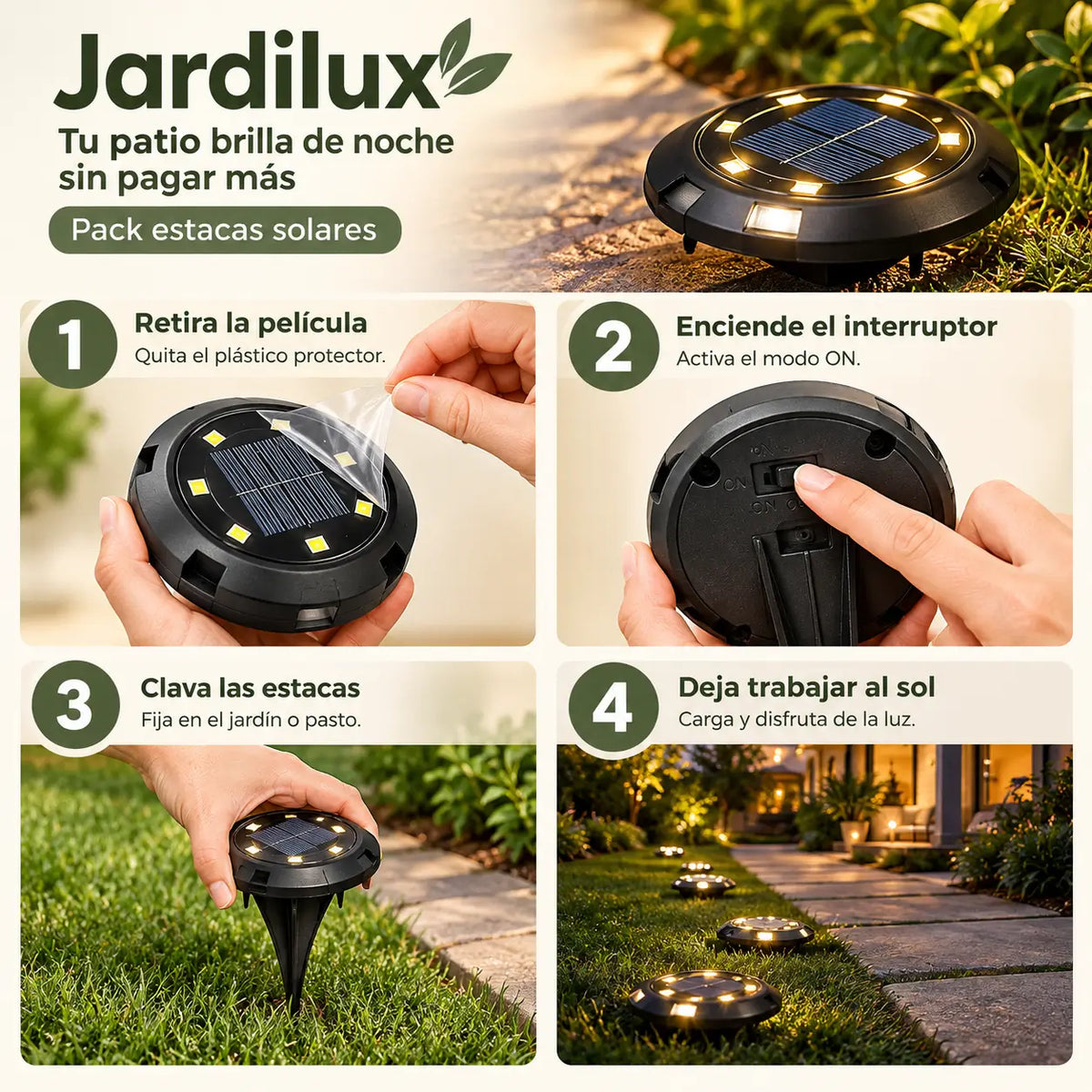 Jardilux - Tu patio brilla de noche sin pagar más - Pack Estacas Solares Jardineros