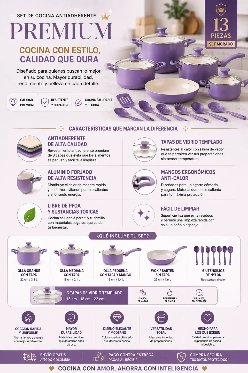 VioletChef - 13 piezas, Cocina sin pegar, limpia sin esfuerzo