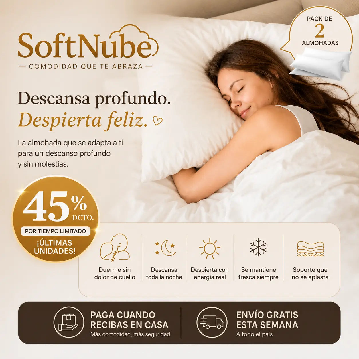 SoftNube - Descanso real toda la noche, despierta sin dolor - 2 Almohadas