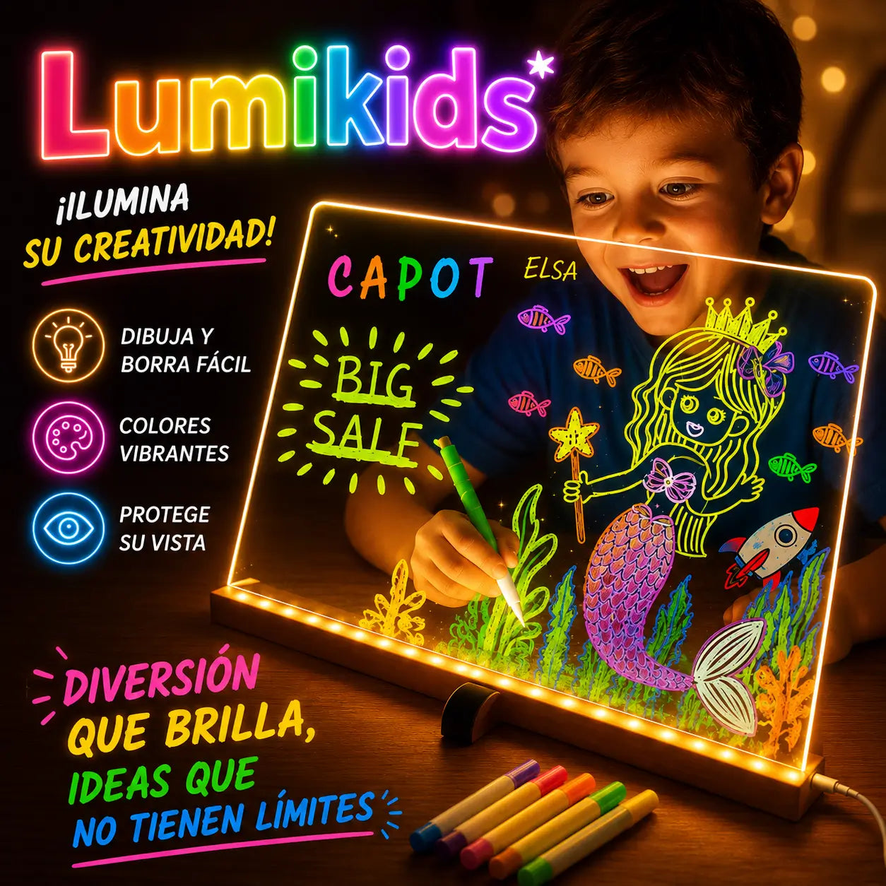 LumiKids – Se carga, se ilumina y eres un artista  -  Pizarra LED + Lapices
