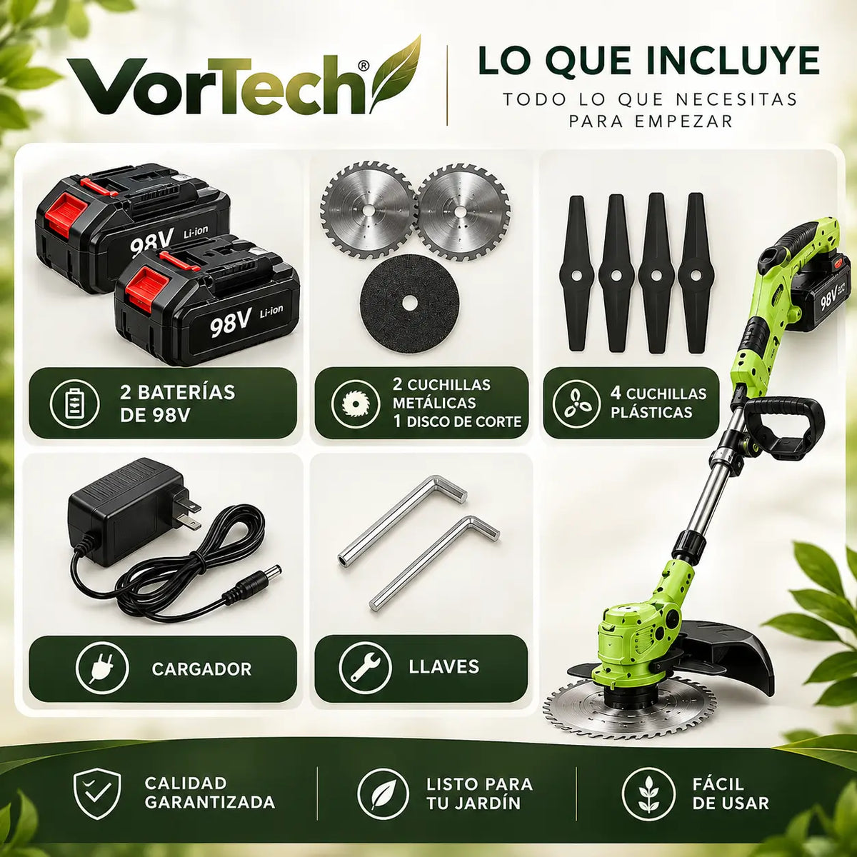 VorTech - Jardín impecable sin esfuerzo ni cables - Cortacesped 98v2bat
