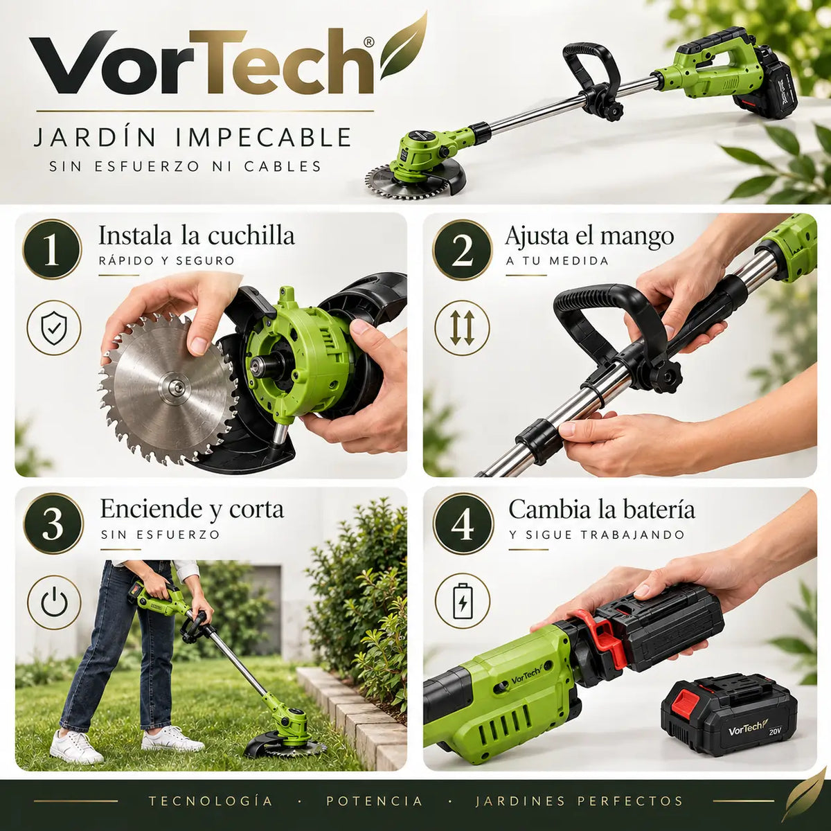 VorTech - Jardín impecable sin esfuerzo ni cables - Cortacesped 98v2bat