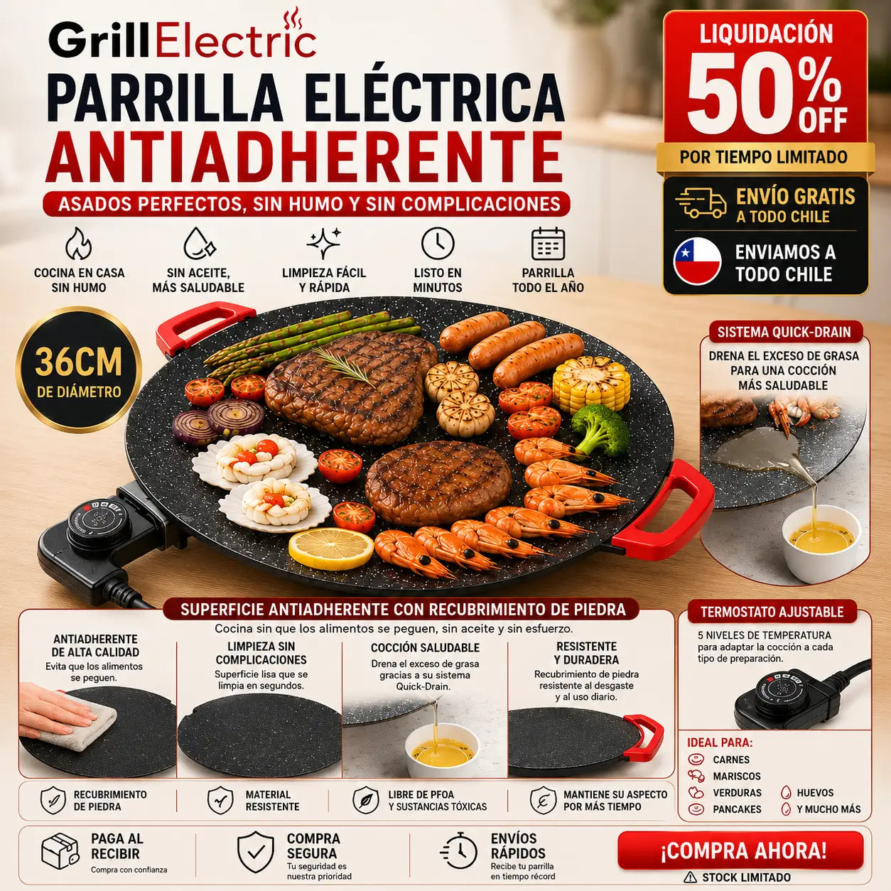GrillElectric - Asados en casa, cuando quieras - 36cm
