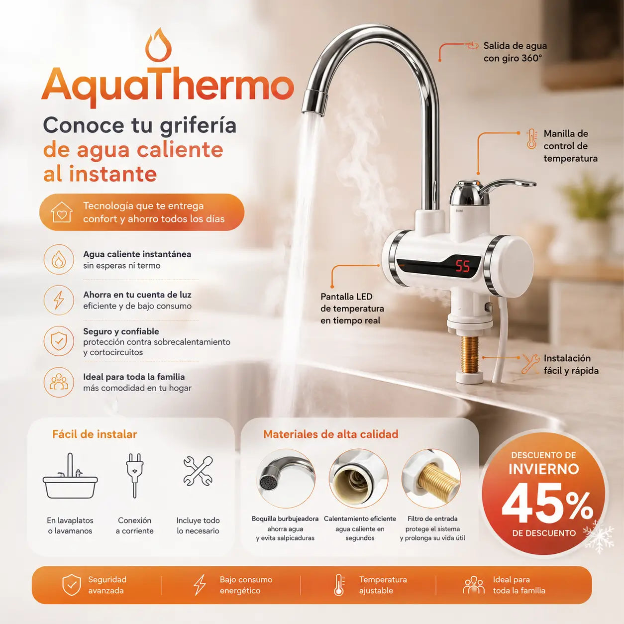 AquaThermo – Controla y disfruta tu agua caliente al instante, sin esperar - Grifo Calentador de Agua Eléctrico
