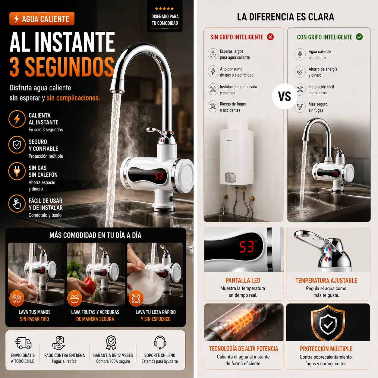 AquaThermo – Controla y disfruta tu agua caliente al instante, sin esperar - Grifo Calentador de Agua Eléctrico