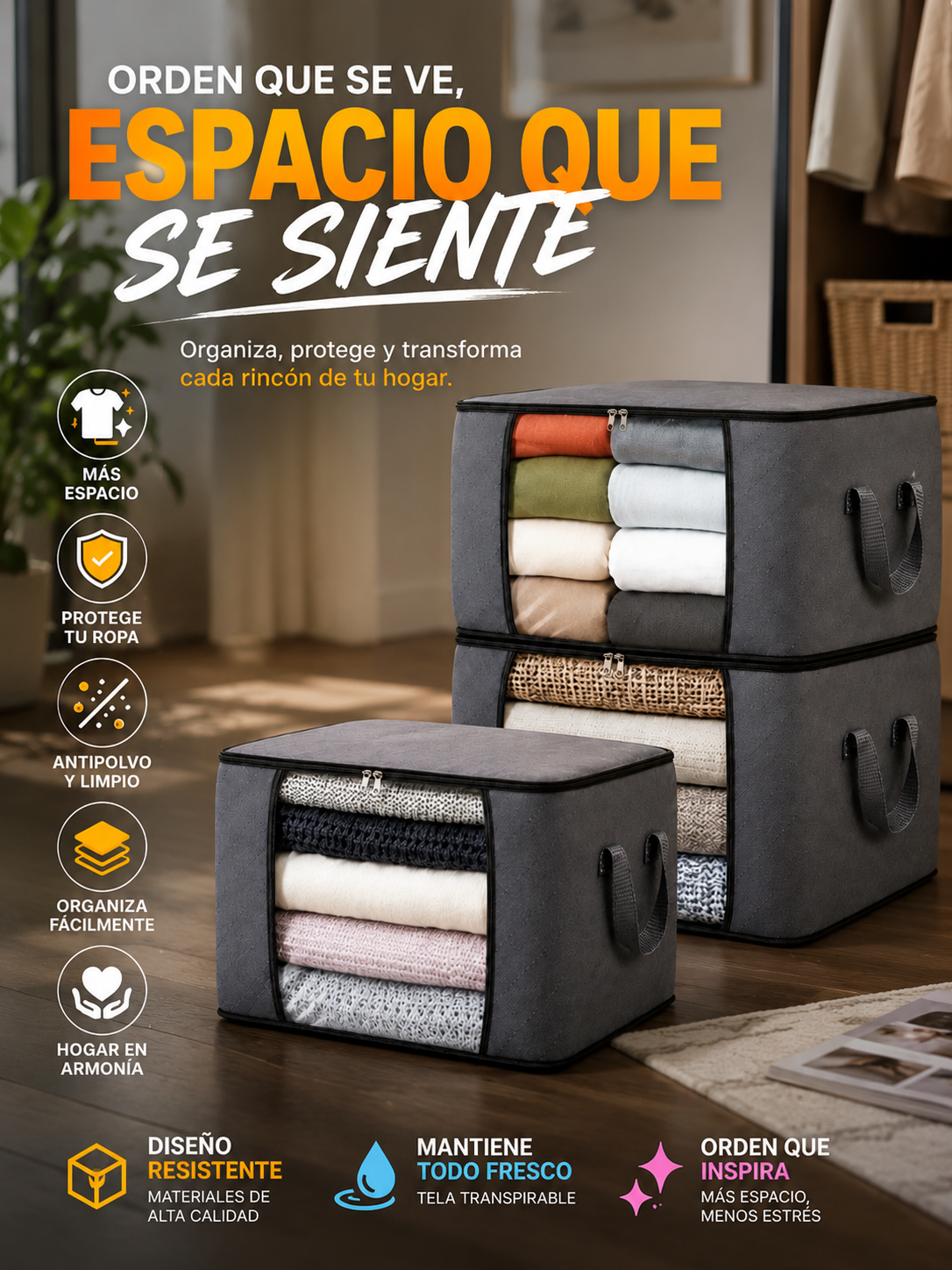 BoxFold- Combo de 3 Organizadores de Ropa Grandes - Color gris 60x45x30