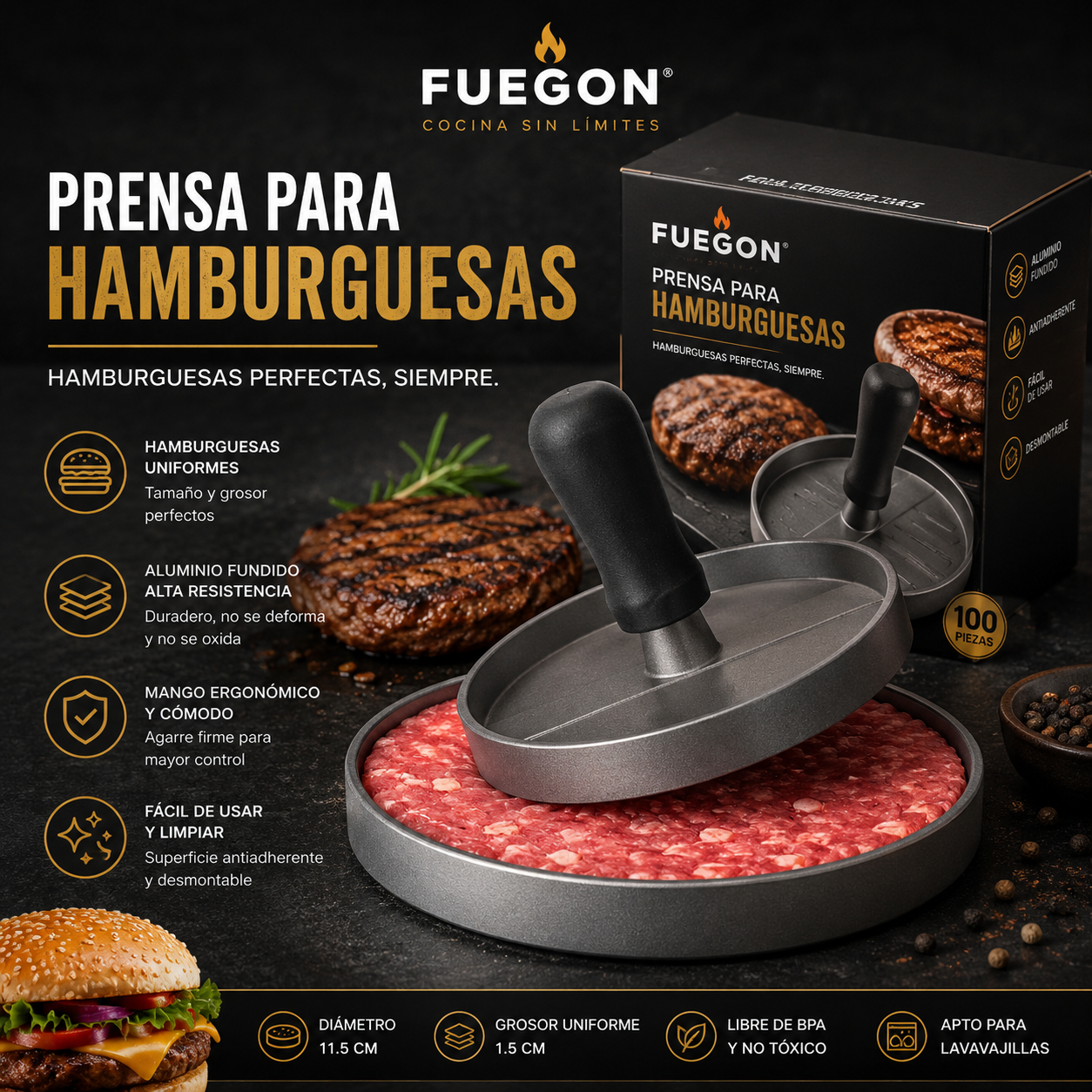 GrillMaster Press™ | Molde Profesional para Hamburguesas Caseras