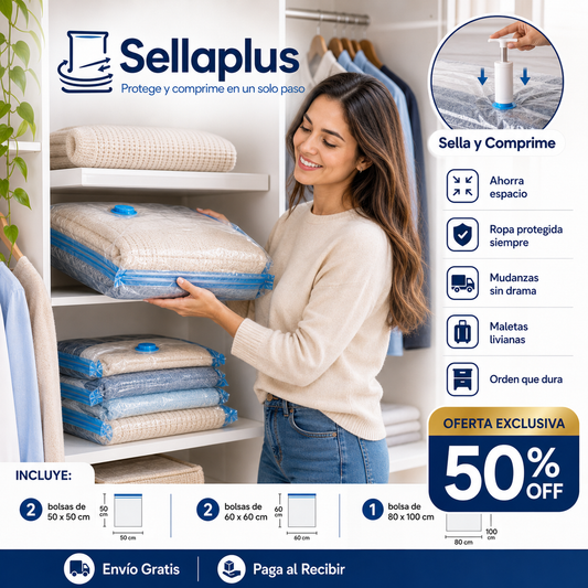 Sellaplus - Protege y comprime en un solo paso - Pack 5 unidades:   -2 Bolsas 50x50Cm -2 Bolsas 60x60Cm - 1 Bolsas 80x100Cm