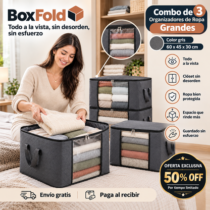 BoxFold- Combo de 3 Organizadores de Ropa Grandes - Color gris 60x45x30