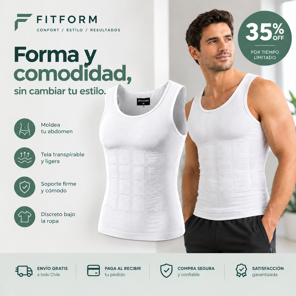 FitForm - Confort/Estilo/Confianza - Camiseta compresora - Color Blanco