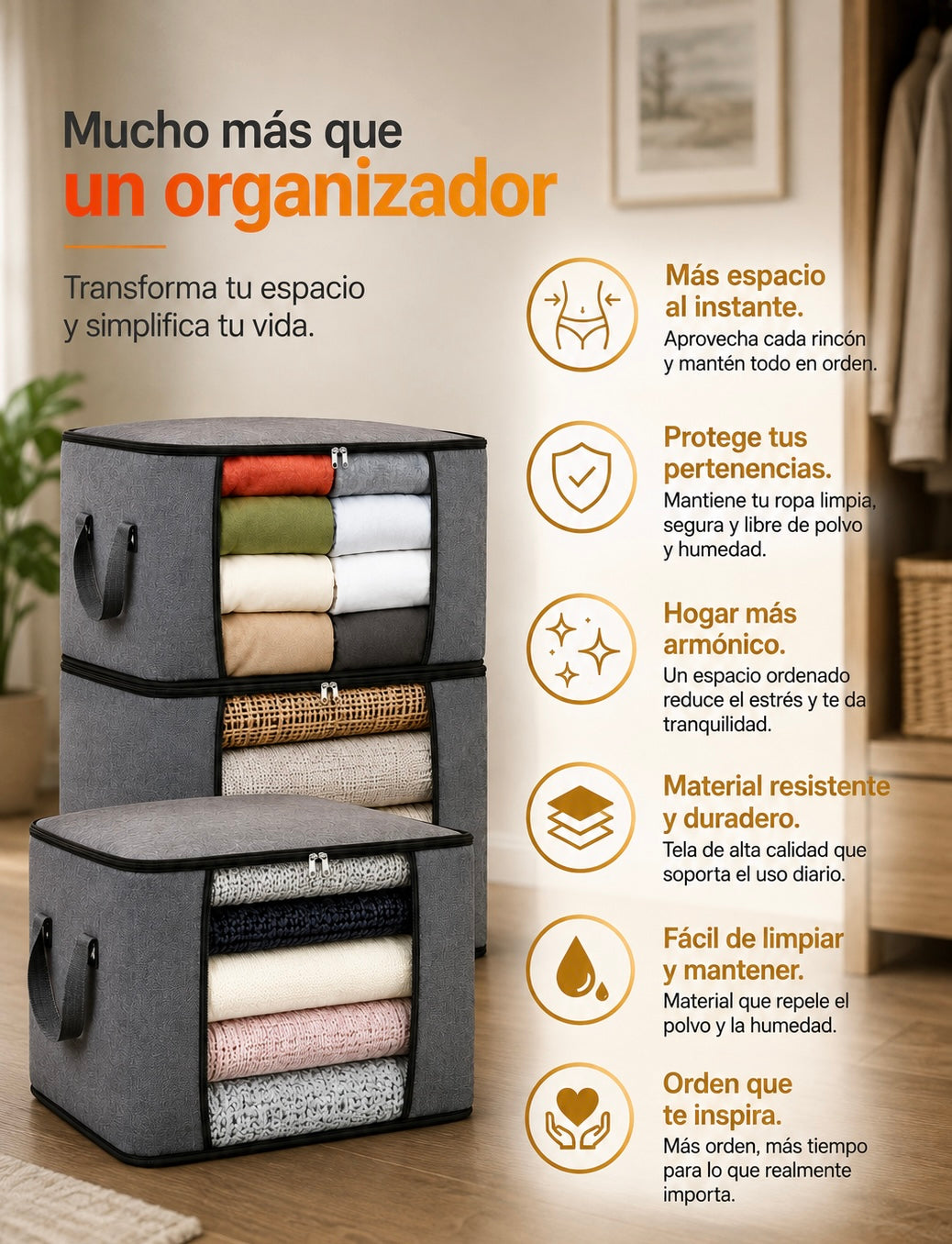 BoxFold- Combo de 3 Organizadores de Ropa Grandes - Color gris 60x45x30