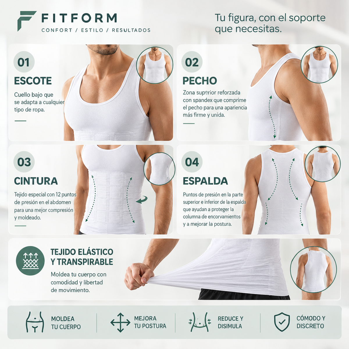 FitForm - Confort/Estilo/Confianza - Camiseta compresora - Color Blanco