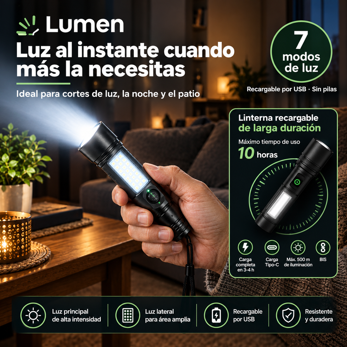 Linterna Led Recargable Multifuncion