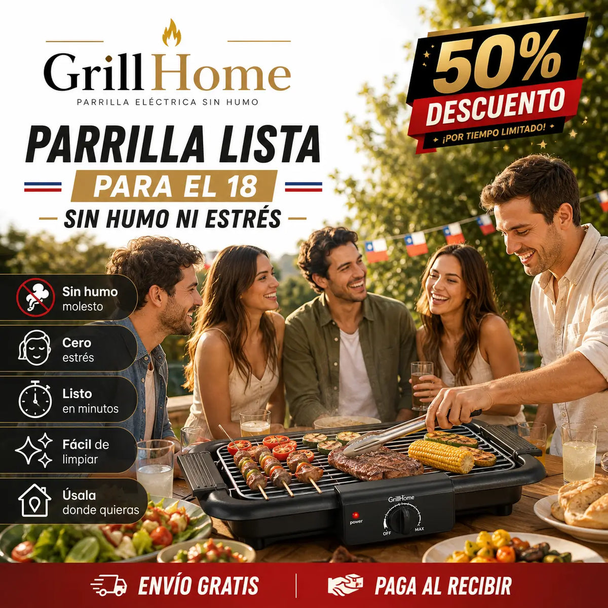 GrillHome - Parrilla lista para el 18 sin humo ni estrés