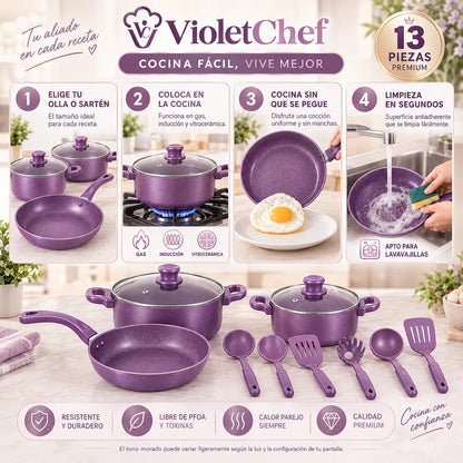 VioletChef - 13 piezas, Cocina sin pegar, limpia sin esfuerzo