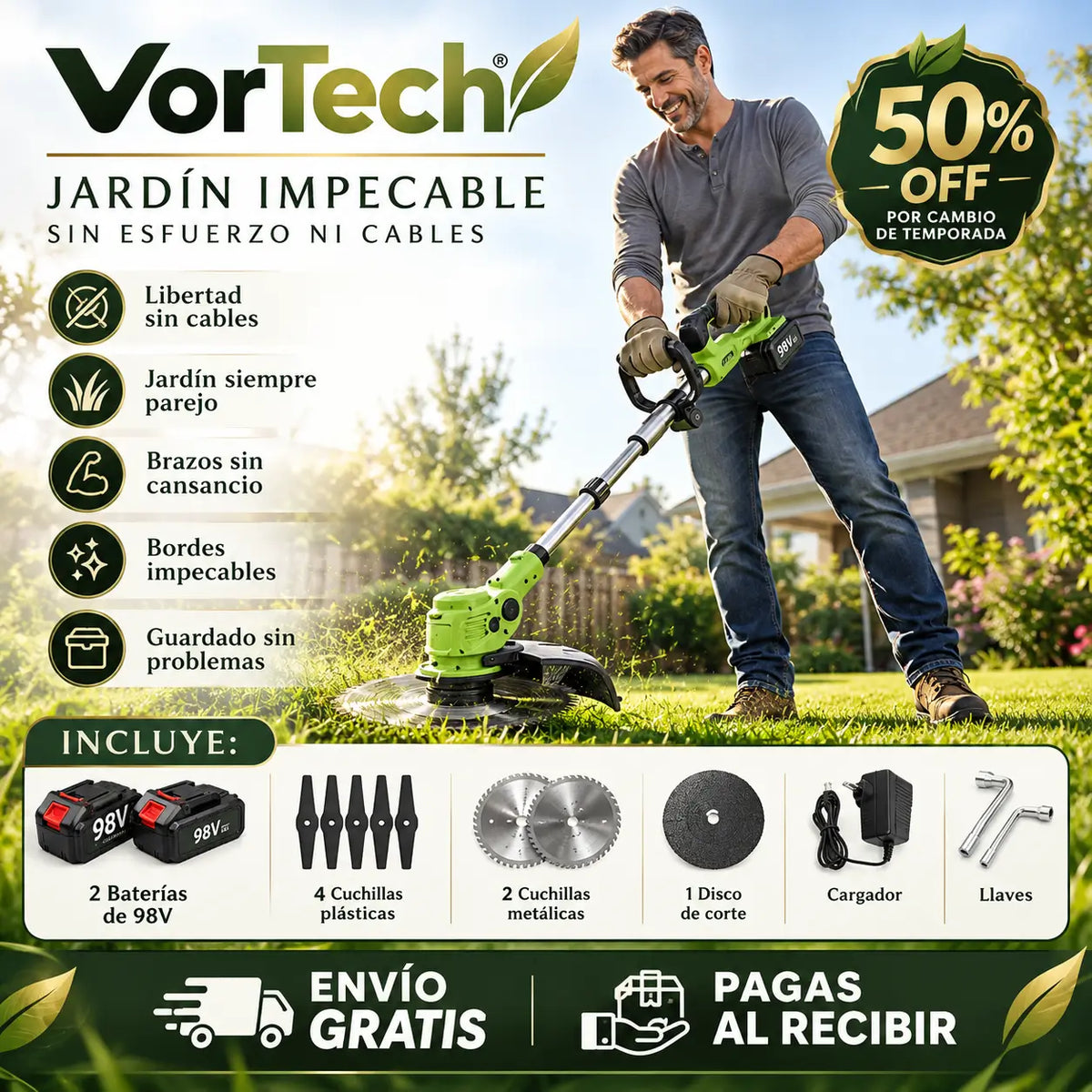 VorTech - Jardín impecable sin esfuerzo ni cables - Cortacesped 98v2bat