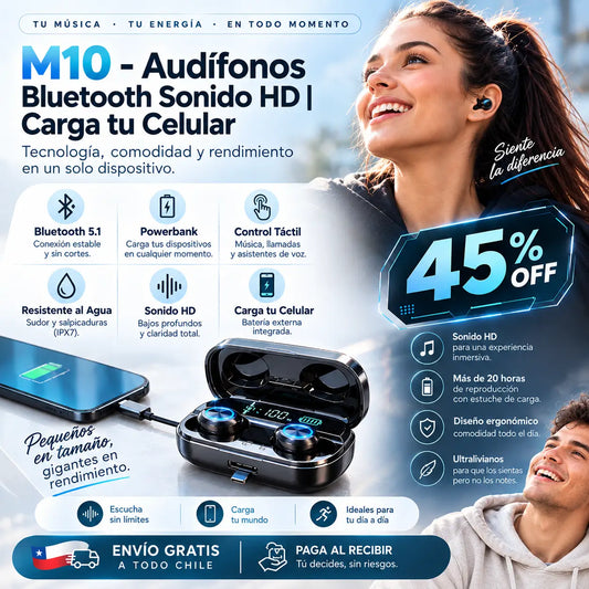 M10 - Audífonos Bluetooth 5.3 Sonido HD | Carga tu Celular