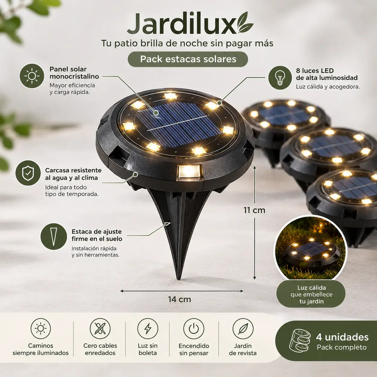 Jardilux - Tu patio brilla de noche sin pagar más - Pack Estacas Solares Jardineros